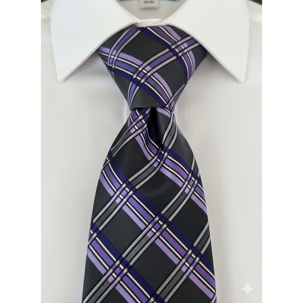 Pronto Uomo Couture grey purple plaid silk tie - long - 62"